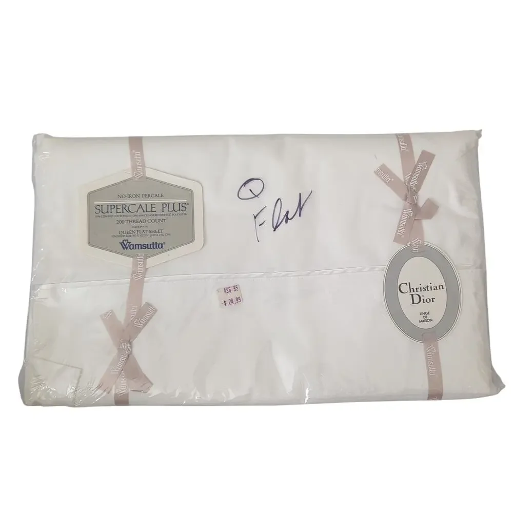 Vintage Deadstock Christian Dior Monsieur Bed Sheet Flat Queen White‎ Linens NWT